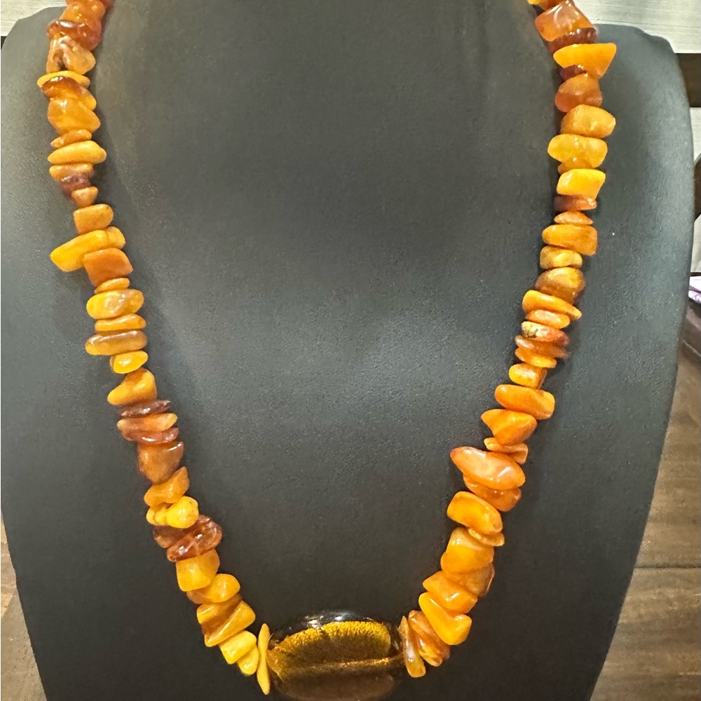 Vintage Real Amber Beaded Necklace with Glass center pendant